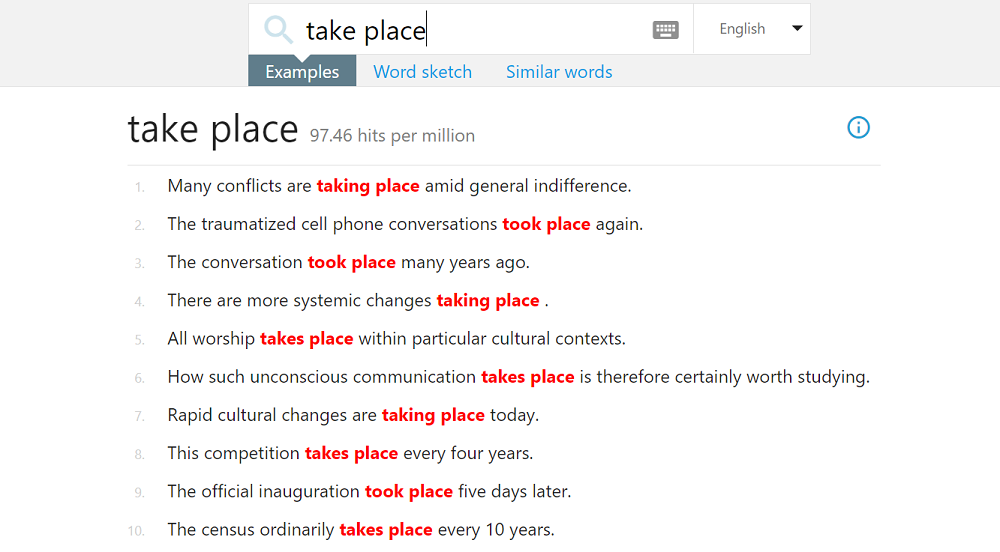 SKELLの例文検索で「take place」を検索した結果のスクリーンショット