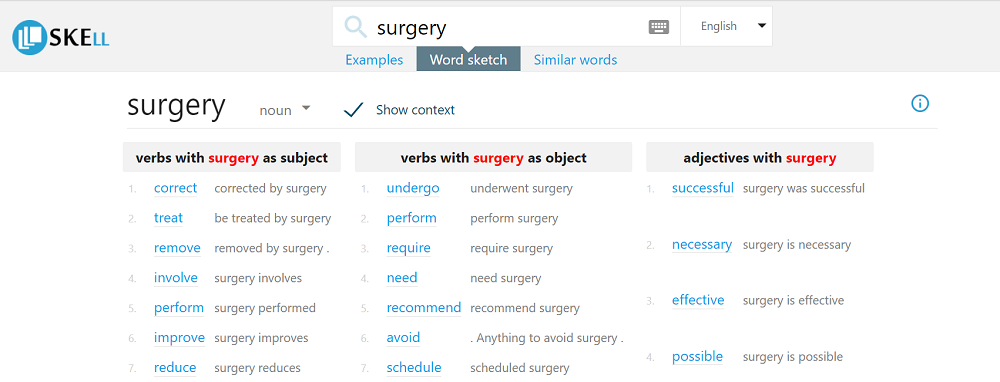 SKELLのword sketchで「surgery」を検索した結果の画面の一部